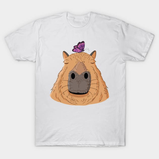 Butterfly sitting on Capybara Friendly Animals Rodent Design T-Shirt by alltheprints